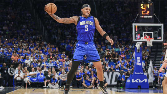 Apr 25, 2024; Orlando, Florida, USA; Orlando Magic forward Paolo Banchero (5) catches a pass.