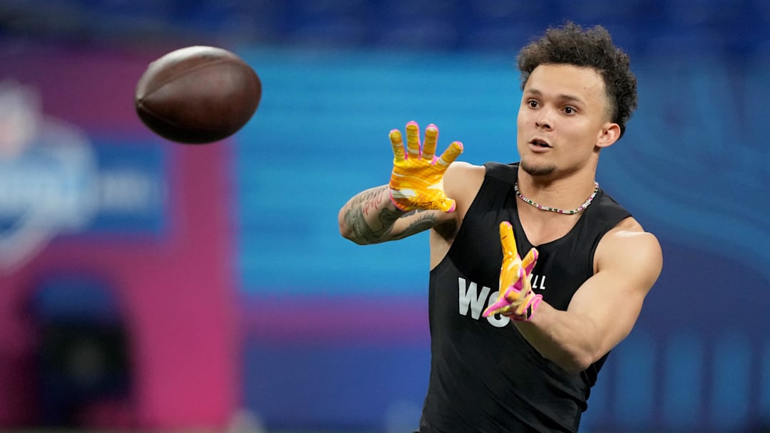 Mar 2, 2024; Indianapolis, IN, USA; Michigan wide receiver Roman Wilson (WO39) during the 2024 NFL Combine at Lucas Oil Stadium. Mandatory Credit: Kirby Lee-Imagn Images