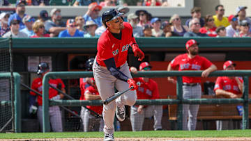 Feb 27, 2025; Lakeland, Florida, USA; Boston Red Sox center fielder Trayce Thompson (37) watches a fly ball during the fifth inning against the Detroit Tigers at Publix Field at Joker Marchant Stadium. Mandatory Credit: Mike Watters-Imagn Images