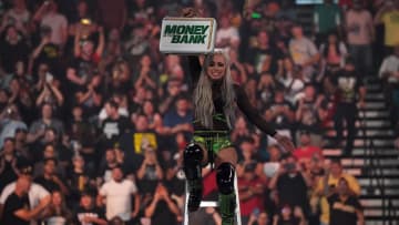 Jul 2, 2022; Las Vegas, NV, USA; Liv Morgan celebrates during the women   s Money In The Bank Match during Money In The Bank at MGM Grand Garden Arena. Mandatory Credit: Joe Camporeale-USA TODAY Sports