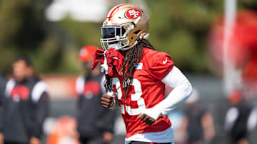 Jul 28, 2022; Santa Clara, CA, USA;  San Francisco 49ers running back JaMycal Hasty (23) jogs during training camp at the SAP Performance Facility near Levi Stadium.