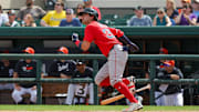 Feb 27, 2025; Lakeland, Florida, USA; Boston Red Sox third baseman Marcelo Mayer (39) watches his fly ball during the first inning against the Detroit Tigers at Publix Field at Joker Marchant Stadium. Mandatory Credit: Mike Watters-Imagn Images