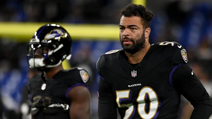 Nov 16, 2023; Baltimore, Maryland, USA; Baltimore Ravens linebacker Kyle Van Noy (50) warms up before a game against the Cincinnati Bengals at M&T Bank Stadium. Mandatory Credit: Tommy Gilligan-Imagn Images