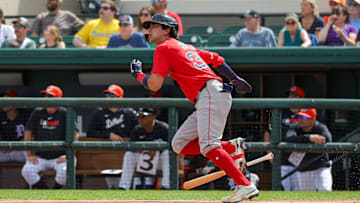 Feb 27, 2025; Lakeland, Florida, USA; Boston Red Sox third baseman Marcelo Mayer (39) watches his fly ball during the first inning against the Detroit Tigers at Publix Field at Joker Marchant Stadium.