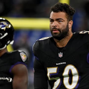 Nov 16, 2023; Baltimore, Maryland, USA; Baltimore Ravens linebacker Kyle Van Noy (50) warms up before a game against the Cincinnati Bengals at M&T Bank Stadium. Mandatory Credit: Tommy Gilligan-Imagn Images