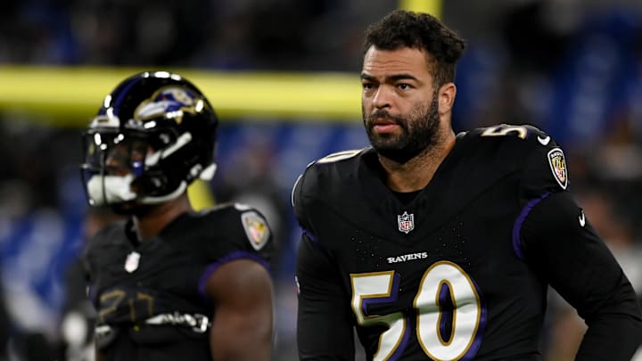 Nov 16, 2023; Baltimore, Maryland, USA; Baltimore Ravens linebacker Kyle Van Noy (50) warms up before a game against the Cincinnati Bengals at M&T Bank Stadium. Mandatory Credit: Tommy Gilligan-Imagn Images