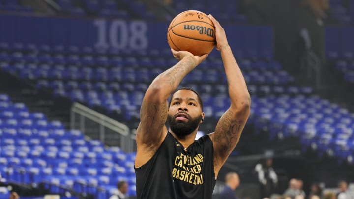 May 3, 2024; Orlando, Florida, USA; Cleveland Cavaliers forward Marcus Morris Sr. (24) warms up before game six of the first round for the 2024 NBA playoffs at Kia Center. Mandatory Credit: Mike Watters-USA TODAY Sports