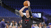 Mar 2, 2025; Orlando, Florida, USA; Toronto Raptors guard Gradey Dick (1) warms up before the game against the Orlando Magic at Kia Center. Mandatory Credit: Mike Watters-Imagn Images