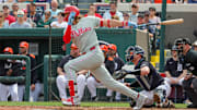 Feb 22, 2025; Lakeland, Florida, USA; Philadelphia Phillies third base Alec Bohm (28) hits during the third inning against the Detroit Tigers at Publix Field at Joker Marchant Stadium. 