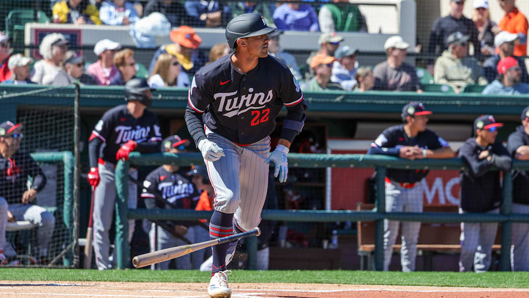 Feb 23, 2026; Lakeland, Florida, USA; Minnesota Twins shortstop Brooks Lee (22) runs to first during the first inning against the Detroit Tigers at Publix Field at Joker Marchant Stadium. Feb 23, 2026; Lakeland, Florida, USA; Minnesota Twins shortstop Brooks Lee (22) runs to first during the first inning against the Detroit Tigers at Publix Field at Joker Marchant Stadium.