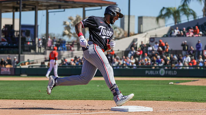 Feb 23, 2026; Lakeland, Florida, USA; Minnesota Twins center fielder Emmanuel Rodriguez (33) rounds third after hitting a home run against the Detroit Tigers at Publix Field at Joker Marchant Stadium. Mandatory Credit: Mike Watters-Imagn Images