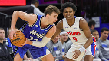 Mar 3, 2024; Orlando, Florida, USA; Detroit Pistons forward Ausar Thompson (9) defends Orlando Magic forward Franz Wagner (22): Mike Watters-Imagn Images