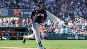 New York Yankees second baseman Jorbit Vivas (90) runs to first after hitting a home run during the fourth inning against the Detroit Tigers at Publix Field at Joker Marchant Stadium in Lakeland, Fla., on Feb. 24, 2024.
