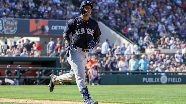 New York Yankees second baseman Jorbit Vivas (90) runs to first after hitting a home run during the fourth inning against the Detroit Tigers at Publix Field at Joker Marchant Stadium in Lakeland, Fla., on Feb. 24, 2024. New York Yankees second baseman Jorbit Vivas (90) runs to first after hitting a home run during the fourth inning against the Detroit Tigers at Publix Field at Joker Marchant Stadium in Lakeland, Fla., on Feb. 24, 2024.