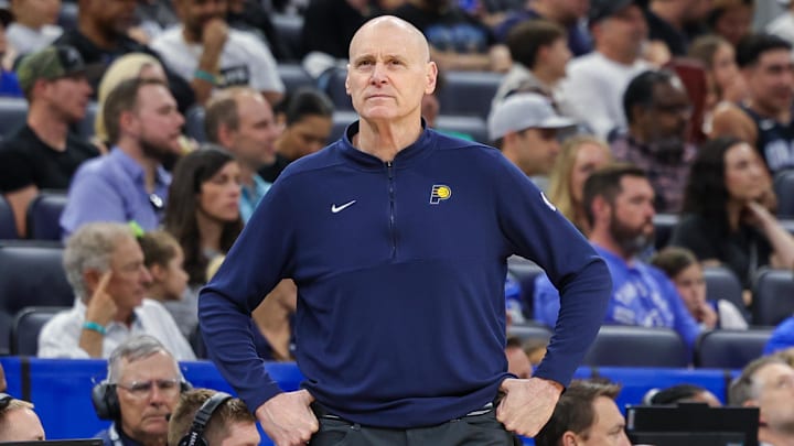 Mar 10, 2024; Orlando, Florida, USA; Indiana Pacers head coach Rick Carlisle looks on during the second quarter against the Orlando Magic at KIA Center. Mandatory Credit: Mike Watters-USA TODAY Sports