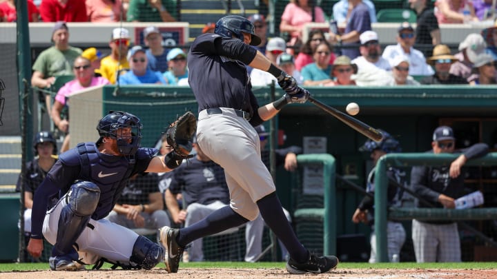 Mar 23, 2024; Lakeland, Florida, USA; New York Yankees designated hitter Ben Rice (93) bats during the third inning against the Detroit Tigers at Publix Field at Joker Marchant Stadium. Mandatory Credit: Mike Watters-USA TODAY Sports