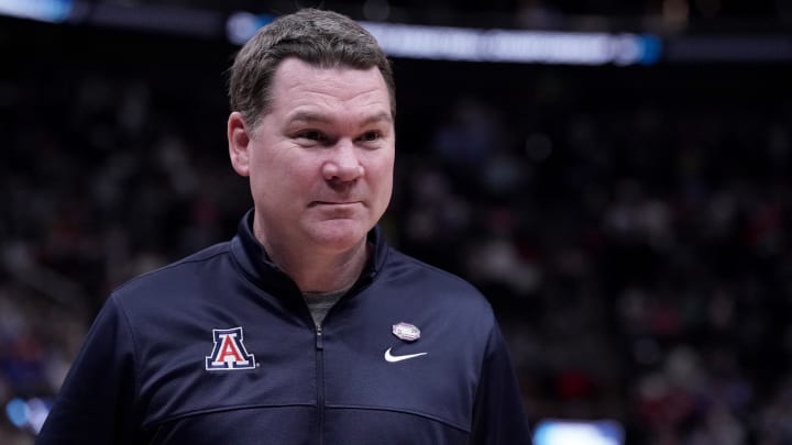 Mar 23, 2024; Salt Lake City, UT, USA; Arizona Wildcats head coach Tommy Lloyd reacts after defeating the Dayton Flyers in the second round of the 2024 NCAA Tournament at Vivint Smart Home Arena-Delta Center