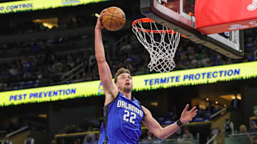Apr 25, 2025; Orlando, Florida, USA; Orlando Magic forward Franz Wagner (22) dunks against the Boston Celtics during the second quarter of game three of first round for the 2024 NBA Playoffs at Kia Center. Mandatory Credit: Mike Watters-Imagn Images