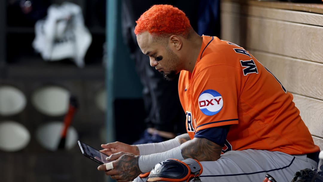 Oct 20, 2023; Arlington, Texas, USA; Houston Astros catcher Martin Maldonado (15) in the dugout during the sixth inning of game five in the ALCS against the Texas Rangers for the 2023 MLB playoffs at Globe Life Field.