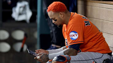 Oct 20, 2023; Arlington, Texas, USA; Houston Astros catcher Martin Maldonado (15) in the dugout during the sixth inning of game five in the ALCS against the Texas Rangers for the 2023 MLB playoffs at Globe Life Field.