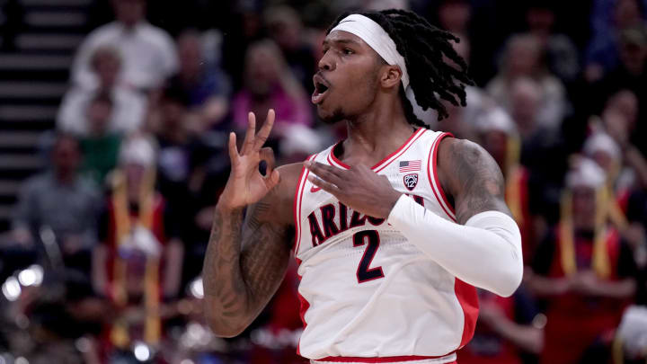 Mar 23, 2024; Salt Lake City, UT, USA; Arizona Wildcats guard Caleb Love (2) reacts after a basket during the first half in the second round of the 2024 NCAA Tournament against the Dayton Flyers at Vivint Smart Home Arena-Delta Center