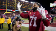 Jan 22, 2023; Santa Clara, California, USA; San Francisco 49ers offensive tackle Trent Williams (71) celebrates after defeating the Dallas Cowboys 19-12 in a NFC divisional round game at Levi's Stadium. Mandatory Credit: Kyle Terada-USA TODAY Sports