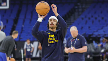 Mar 10, 2024; Orlando, Florida, USA; Indiana Pacers guard Andrew Nembhard (2) warms up before the game against the Orlando Magic at KIA Center. Mandatory Credit: Mike Watters-Imagn Images