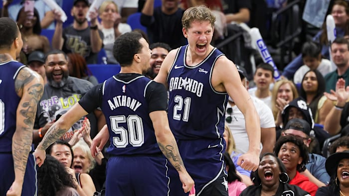 Apr 7, 2024; Orlando, Florida, USA; Orlando Magic center Moritz Wagner (21) reacts during the second quarter of a game with Orlando Magic guard Cole Anthony (50)