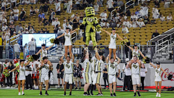 Sep 7, 2024; Orlando, Florida, USA; UCF Knights cheer team perform during the second half against the Sam Houston State Bearkats at FBC Mortgage Stadium. Mandatory Credit: Mike Watters-Imagn Images