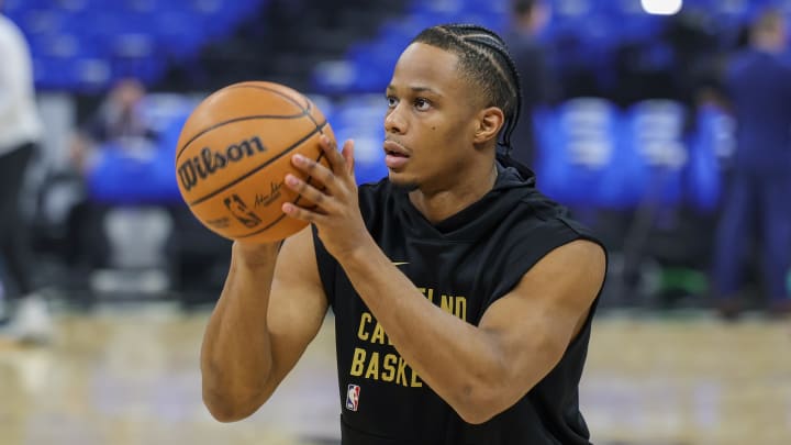 Apr 25, 2024; Orlando, Florida, USA; Cleveland Cavaliers forward Isaac Okoro (35) warms up before game three of the first round for the 2024 NBA playoffs at Kia Center. Mandatory Credit: Mike Watters-USA TODAY Sports