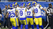 Jan 14, 2024; Detroit, Michigan, USA; Los Angeles Rams wide receiver Puka Nacua (17) celebrates with teammates after scoring a touchdown during the first half of a 2024 NFC wild card game against the Detroit Lions at Ford Field. Mandatory Credit: David Reginek-USA TODAY Sports