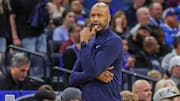 Dec 26, 2024; Orlando, Florida, USA; Orlando Magic head coach Jamahl Mosley looks on during the second quarter against the Miami Heat at Kia Center. Mandatory Credit: Mike Watters-Imagn Images