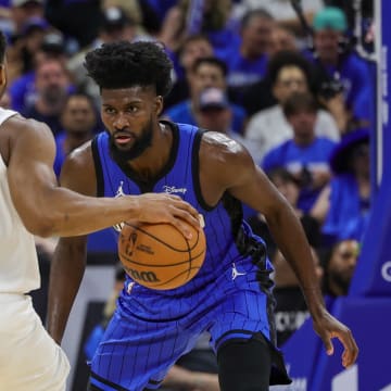 Orlando Magic forward Jonathan Isaac (1) defends Cleveland Cavaliers guard Donovan Mitchell (45) during the second quarter of game six of the first round for the 2024 NBA playoffs at Kia Center. 