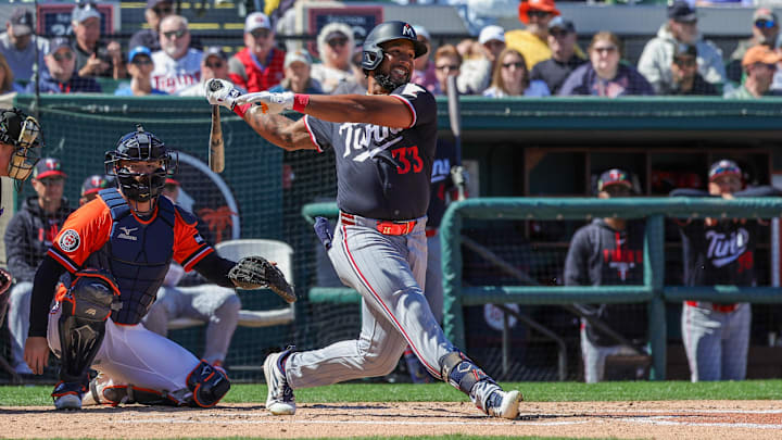 Feb 23, 2026; Lakeland, Florida, USA; Minnesota Twins center fielder Emmanuel Rodriguez (33) bats during the second inning against the Detroit Tigers at Publix Field at Joker Marchant Stadium. Mandatory Credit: Mike Watters-Imagn Images