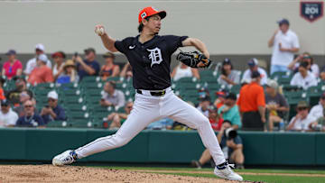 Feb 27, 2025; Lakeland, Florida, USA; Detroit Tigers pitcher Kenta Maeda (18) pitches during the second inning against the Boston Red Sox at Publix Field at Joker Marchant Stadium. 