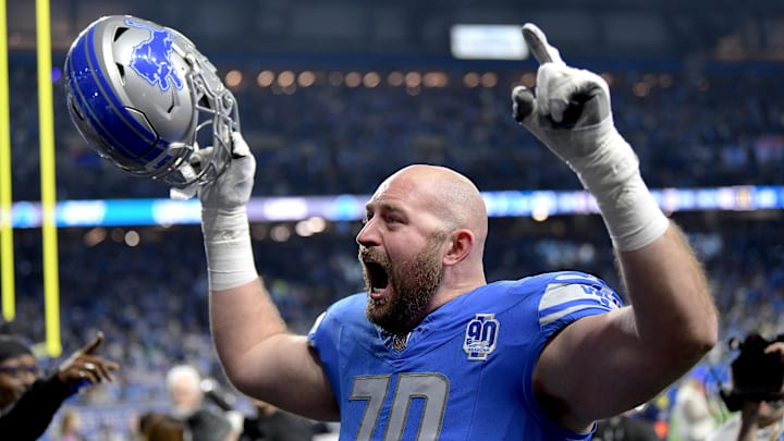 Detroit Lions offensive tackle Dan Skipper celebrates after a 2024 NFC wild card game against the Los Angeles Rams at Ford Field on January 14, 2024. 