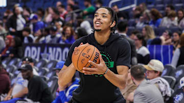 Nov 9, 2025; Orlando, Florida, USA; Boston Celtics forward Josh Minott (8) warms up before the game against the Orlando Magic at Kia Center. Mandatory Credit: Mike Watters-Imagn Images