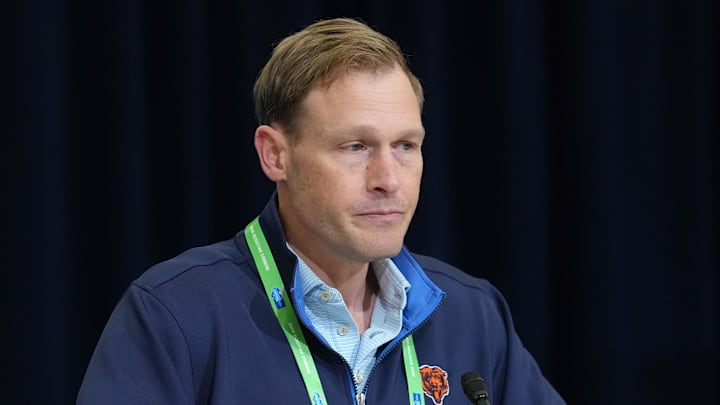 Feb 24, 2026; Indianapolis, IN, USA; Chicago Bears coach Ben Johnson speaks at the NFL Scouting Combine at the Indiana Convention Center. Mandatory Credit: Kirby Lee-Imagn Images
