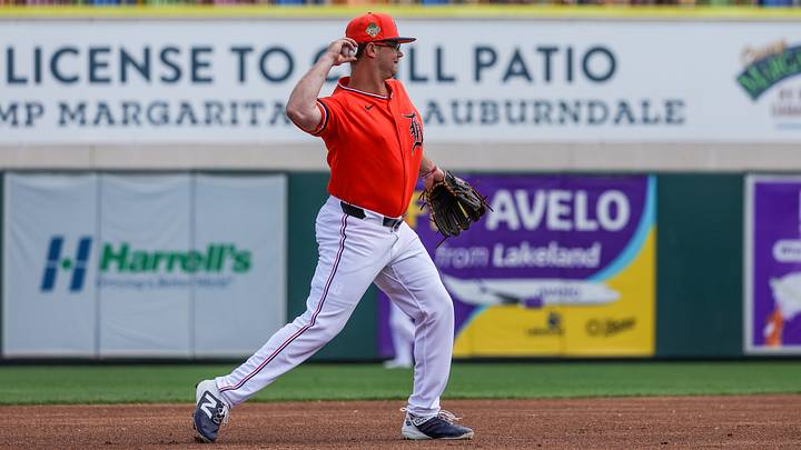 Mar 6, 2026; Lakeland, Florida, USA; Detroit Tigers second baseman Max Anderson (82) throws to first during the first inning against the Boston Red Sox at Publix Field at Joker Marchant Stadium. Mandatory Credit: Mike Watters-Imagn Images