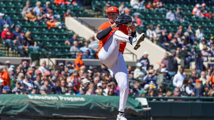 Feb 23, 2026; Lakeland, Florida, USA; Detroit Tigers pitcher Tarik Skubal (29) throws during the first inning against the Minnesota Twins at Publix Field at Joker Marchant Stadium. Mandatory Credit: Mike Watters-Imagn Images