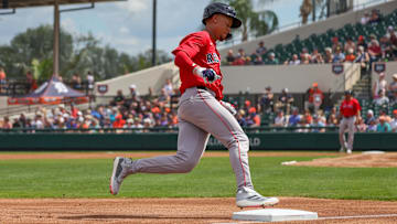 Boston Red Sox second baseman Kristian Campbell (28) rounds third during the first inning against the Detroit Tigers at Publix Field at Joker Marchant Stadium.