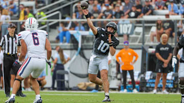 Nov 2, 2024; Orlando, Florida, USA; UCF Knights quarterback Dylan Rizk (10) throws a pass against the Arizona Wildcats during the first quarter at FBC Mortgage Stadium. Mandatory Credit: Mike Watters-Imagn Images