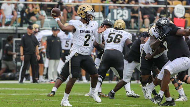 Sep 28, 2024; Orlando, Florida, USA; Colorado Buffaloes quarterback Shedeur Sanders (2) throws a pass against the UCF Knights