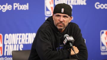 May 30, 2024; Minneapolis, Minnesota, USA; Dallas Mavericks head coach Jason Kidd at a press conference before game five of the western conference finals for the 2024 NBA playoffs against the Minnesota Timberwolves at Target Center. Mandatory Credit: Jesse Johnson-USA TODAY Sports
