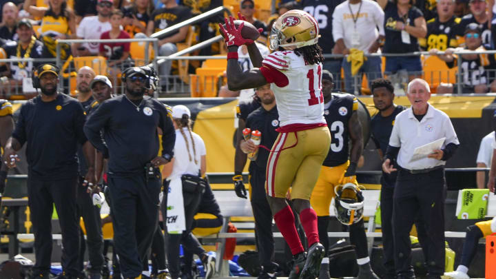 Sep 10, 2023; Pittsburgh, Pennsylvania, USA; San Francisco 49ers wide receiver Brandon Aiyuk (11) makes a catch against the Pittsburgh Steelers during the second half at Acrisure Stadium. Mandatory Credit: Gregory Fisher-USA TODAY Sports