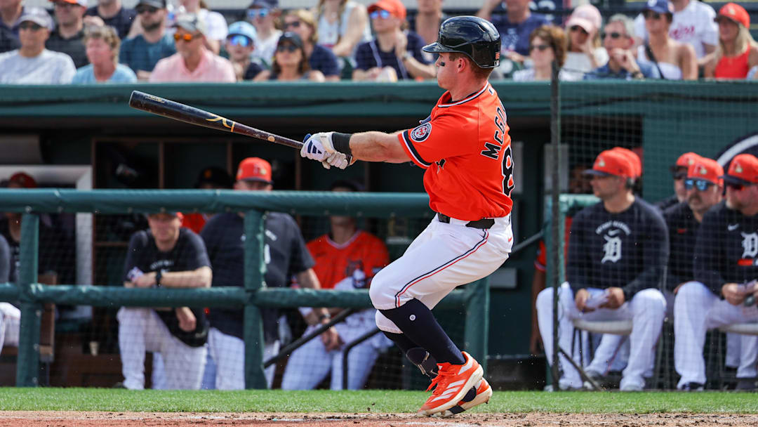 Mar 1, 2026; Lakeland, Florida, USA; Detroit Tigers shortstop Kevin McGonigle (85) bats during the third inning against the Toronto Blue Jays at Publix Field at Joker Marchant Stadium. Mandatory Credit: Mike Watters-Imagn Images