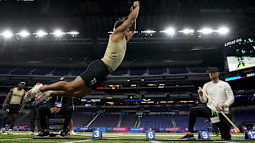 Mar 2, 2024; Indianapolis, IN, USA; Louisville running back Isaac Guerendo (RB12) during the 2024