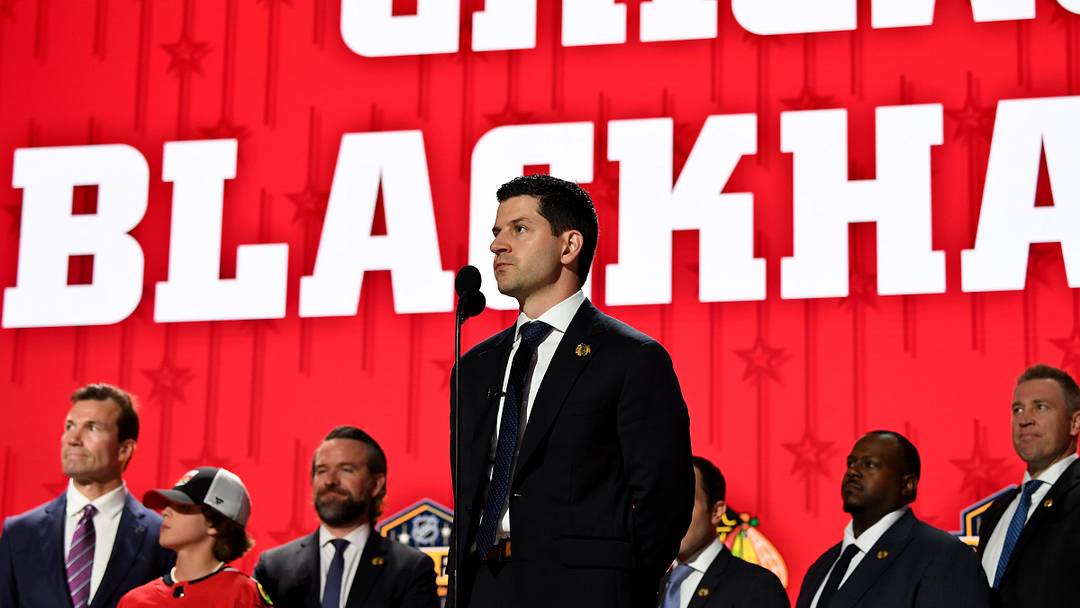 Jun 28, 2023; Nashville, Tennessee, USA; Chicago Blackhawks general manager Kyle Davidson makes the nineteenth pick in round one of the 2023 NHL Draft at Bridgestone Arena. Mandatory Credit: Christopher Hanewinckel-Imagn Images