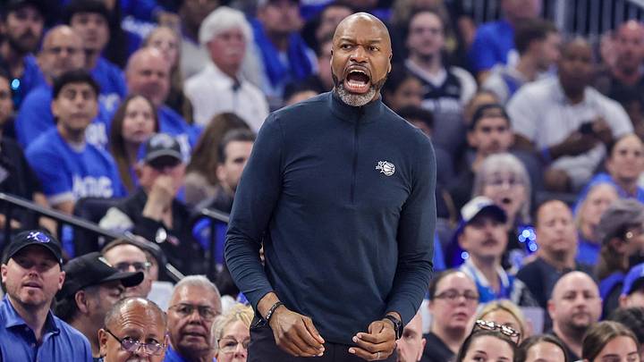 Apr 17, 2026; Orlando, Florida, USA; Orlando Magic head coach Jamahl Mosley during the first quarter against the Charlotte Hornets during the play-in rounds of the 2026 NBA Playoffs at Kia Center. Mandatory Credit: Mike Watters-Imagn Images