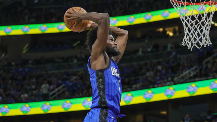 Apr 25, 2024; Orlando Magic forward Jonathan Isaac (1) dunks during the second quarter of game three of the first round for the 2024 NBA playoffs at Kia Center.